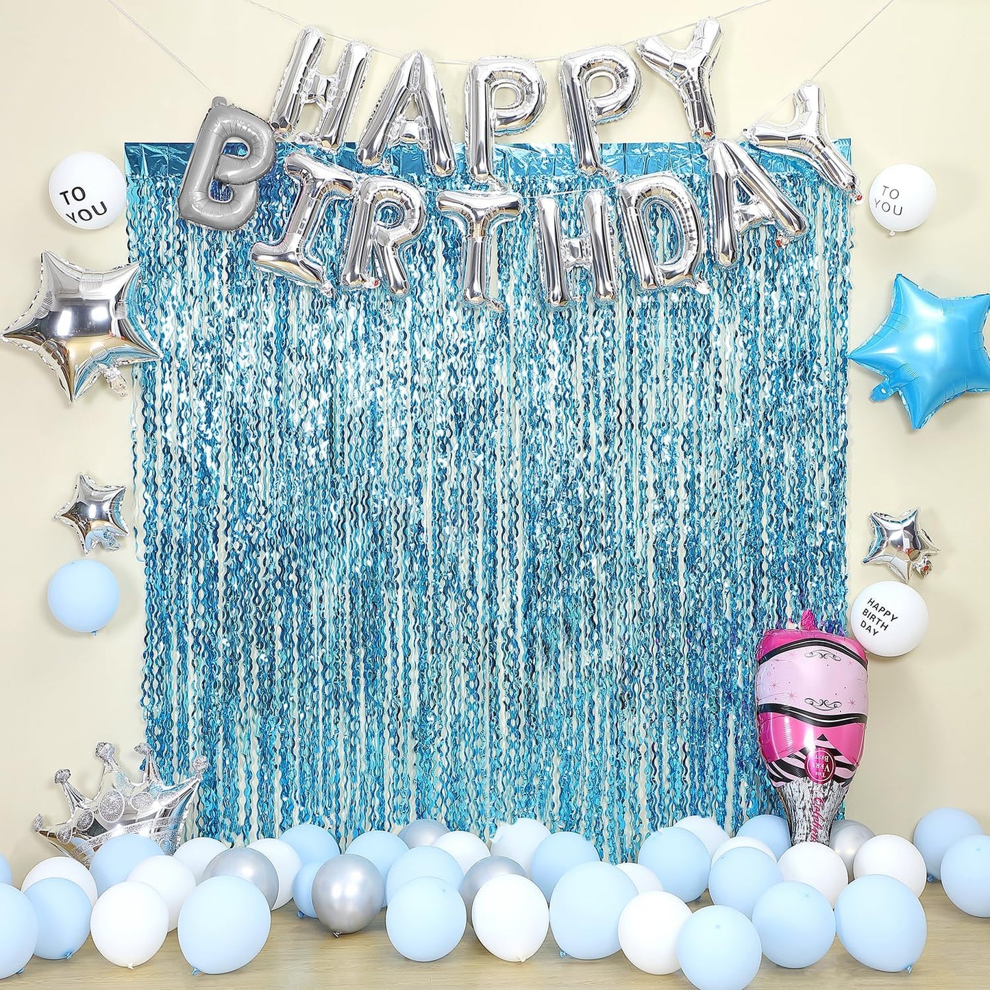 3 Pack Blue Wavy Tinsel Foil Fringe Curtain - 6.6 ft x 3.3 ft Foil Backdrop Photo Booth Props for Mermaid Birthday Under The Sea Party,Baby Shark Birthday Decorations