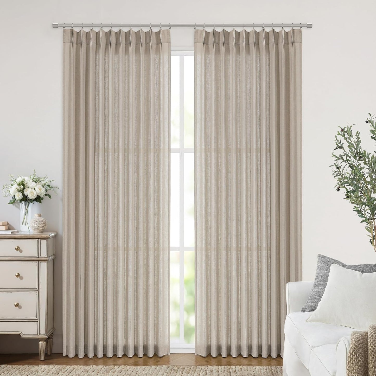 Vision Home Sand Pinch Pleated Semi Sheer Curtains Textured Linen Blended Light Filtering Window Curtains 108 inch for Living Room Bedroom Patio Pinch Pleat Drapes with Hooks 9FT 60" Wx108 Lx1