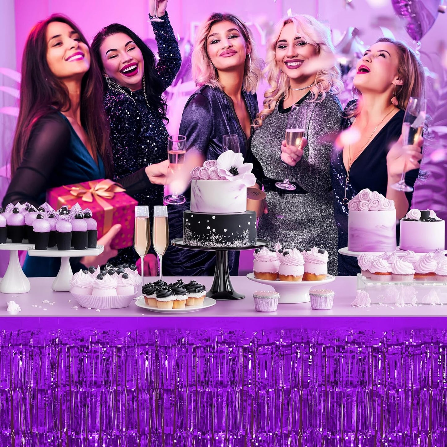 2 Pack Lake Blue Dark Purple Table Skirts, 29x108" Metallic Foil Tinsel Fringe Table Skirt for Rectangle Tables Streamer Curtains Backdrop, Party Decorations for Birthdays, Weddings, Holidays