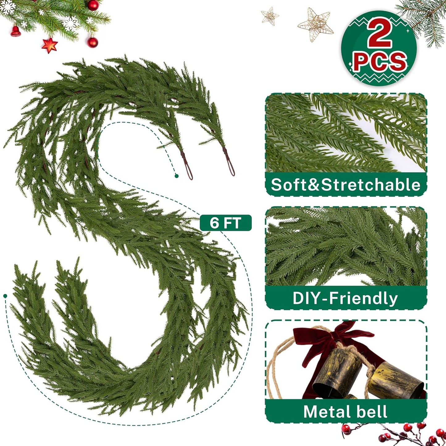 2 Pcs 6FT Christmas Garlands Norfolk Pine Garland - Real Touch Winter Pine Garland, Artificial Norfolk Tree for Indoor Outdoor Holiday Decor, Fireplace Mantel, Door, Porch (Burgundy Bell)