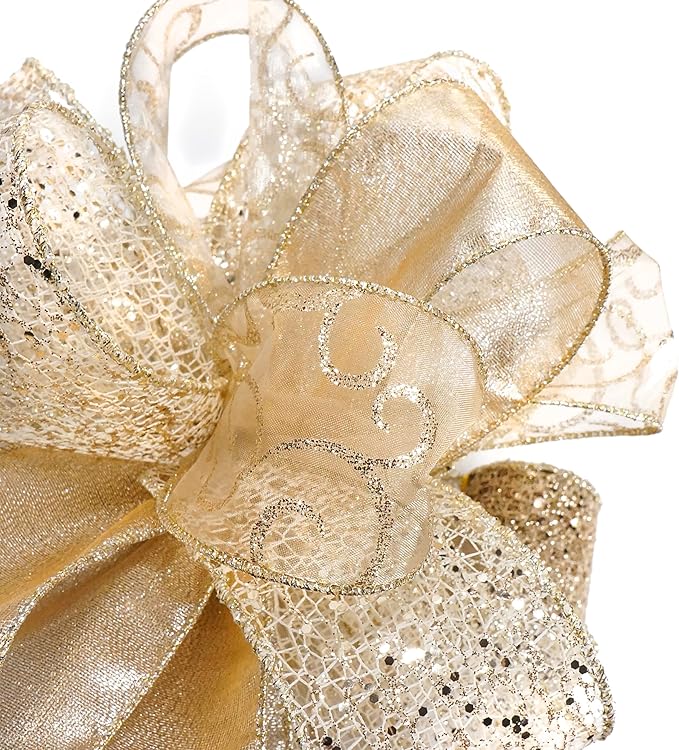 CT CRAFT LLC Champagne Gold Swirl Christmas Tree Topper Bow 11" with 4 Ribbon Streamers x 3 Yards Long Each for Holidy Elegant Fancy Home Décor Indoor