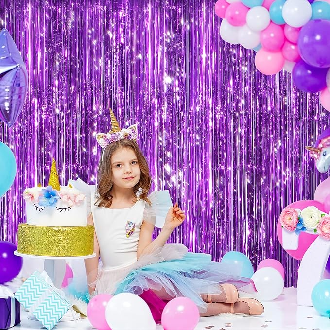 2 Pack Purple Metallic Tinsel Foil Fringe Curtains, Door Streamers Photo Booth Backdrop for Birthday Party, Tinsel Curtain Backdrop for Baby Shower Bachelorette Christmas Party Decorations