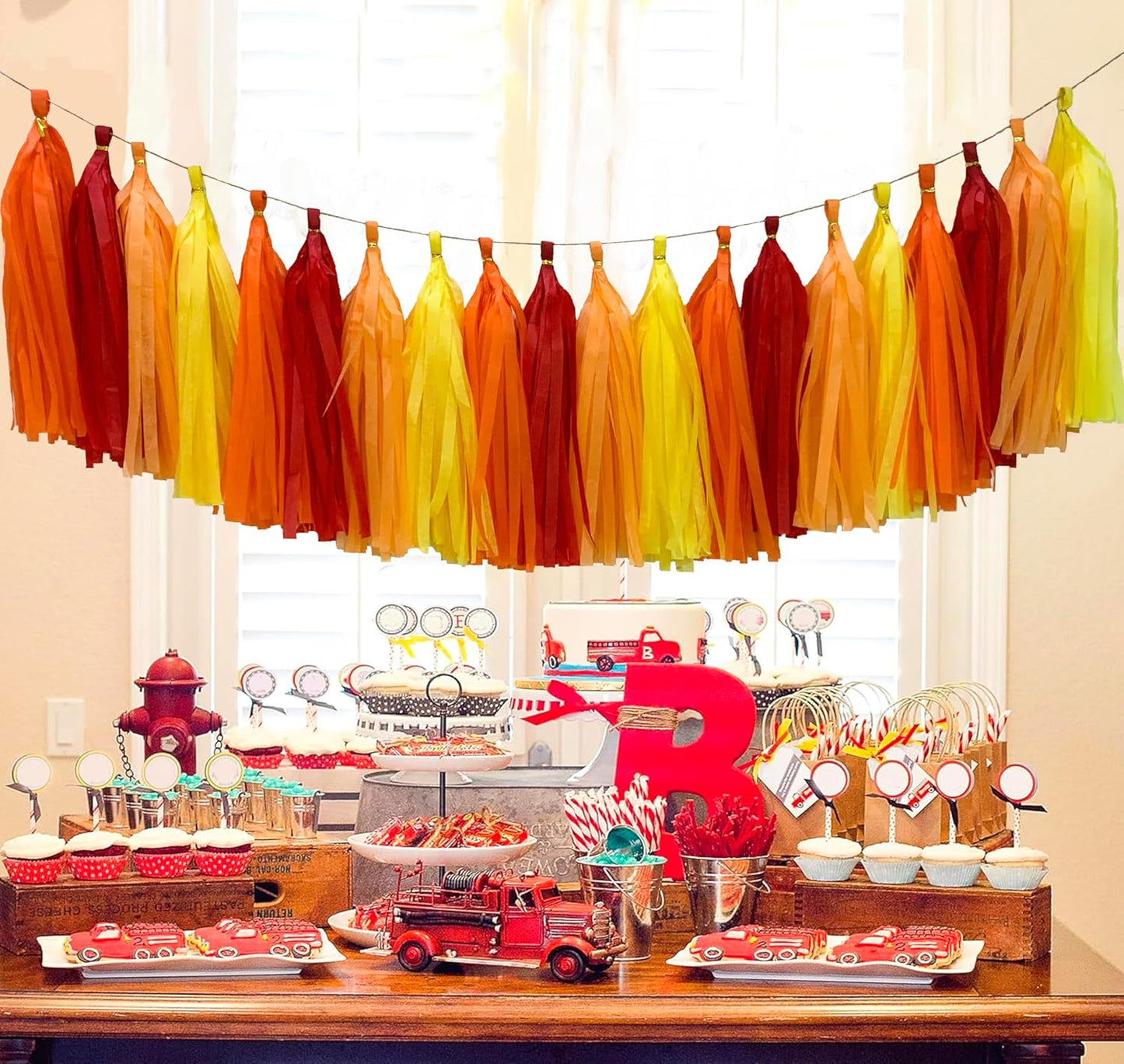 Red Orange Yellow Tissue Paper Tassel Garland,Tissue Tassel Banner for Party Decorations,Pack of 20