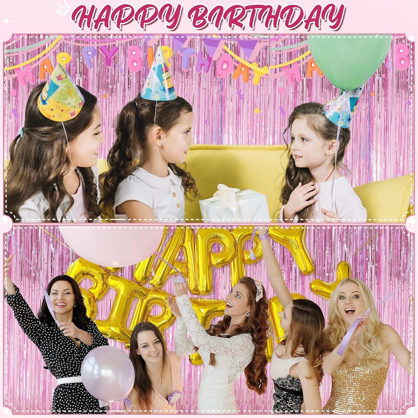 Crosize 3 Pack 3.3 x 9.9 ft Pink Foil Fringe Glitter Curtains Party Decorations, Tinsel Backdrop for Parties, Door Streamers for Birthday, Photo Booth Backdrops, Party Decor