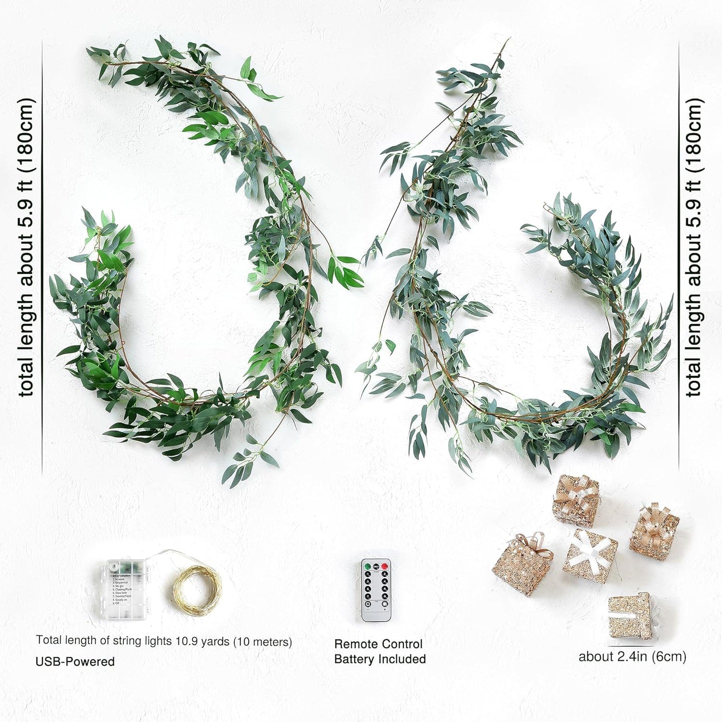 Artificial Willow Garland with Lights & Ornaments – 2-Pack Lighted Greenery Vine, Battery Fairy Lights with Remote & Timer for Mantels, Weddings, Fireplace, Holidays, Parties & Everyday Home Decor