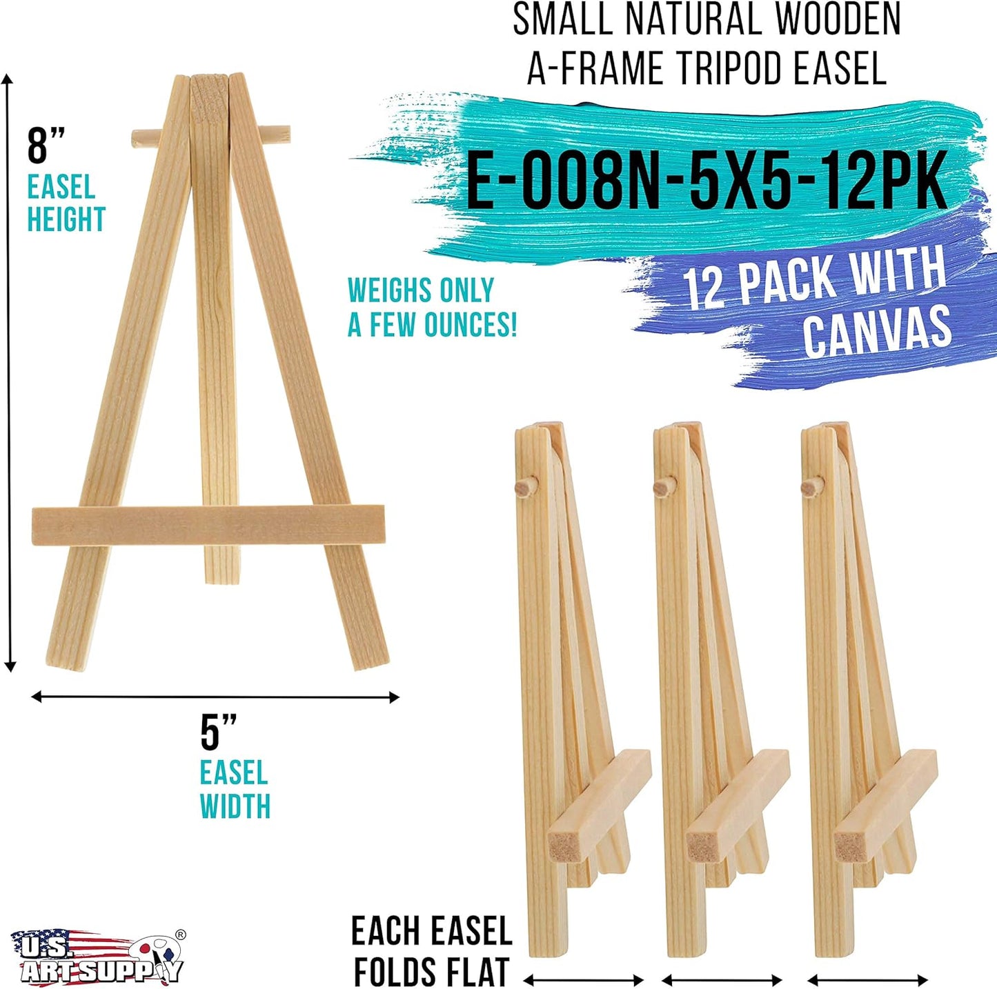 U.S. Art Supply 5" x 5" Stretched Canvas with 8" High Small Natural Wooden Easel (12 Pack), A-Frame Canvas Stand Tripod, Small Painting Easels - Tabletop Easel for Painting, Canvases, Student Crafts