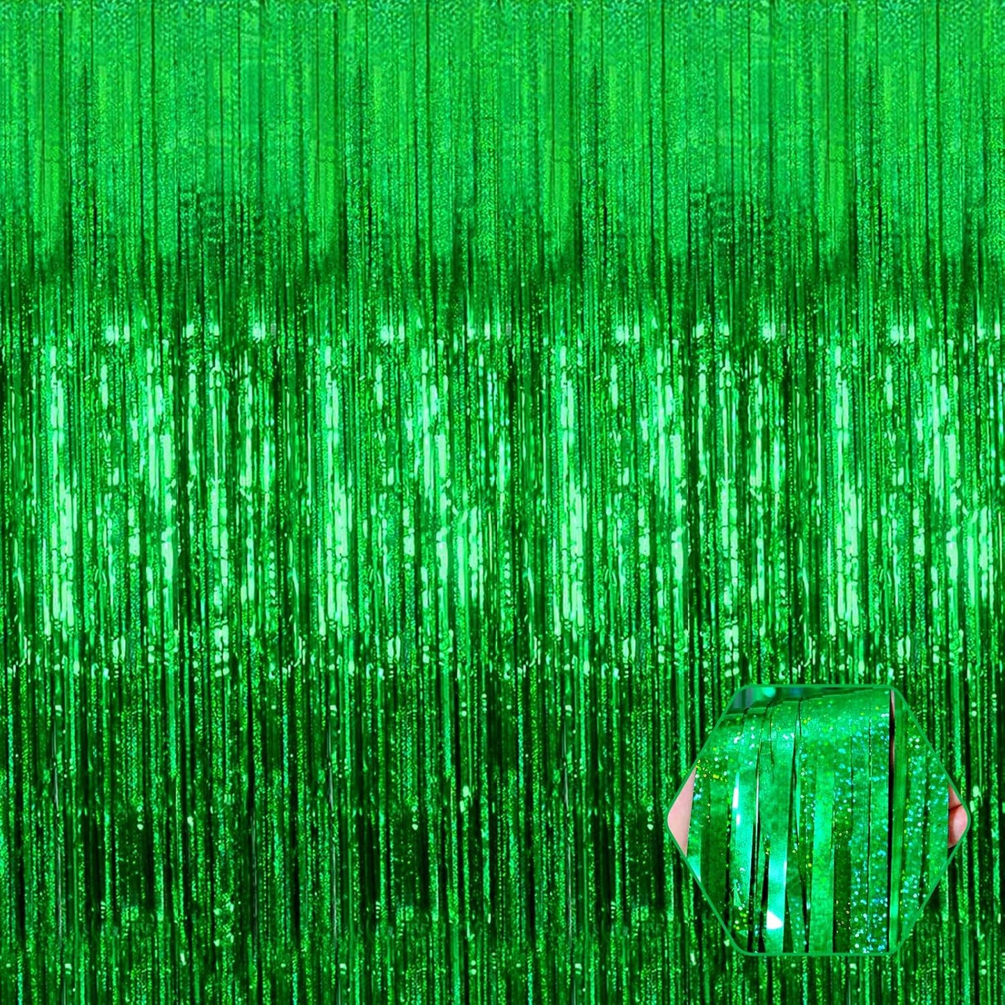 3 Pack Green Foil Fringe Curtain Backdrop, 3.28Ft x 8.2Ft Metallic Tinsel Foil Fringe Streamer Curtains for Photo Booth, Mother's Day, Easter, Birthday, Wedding Party Decorations