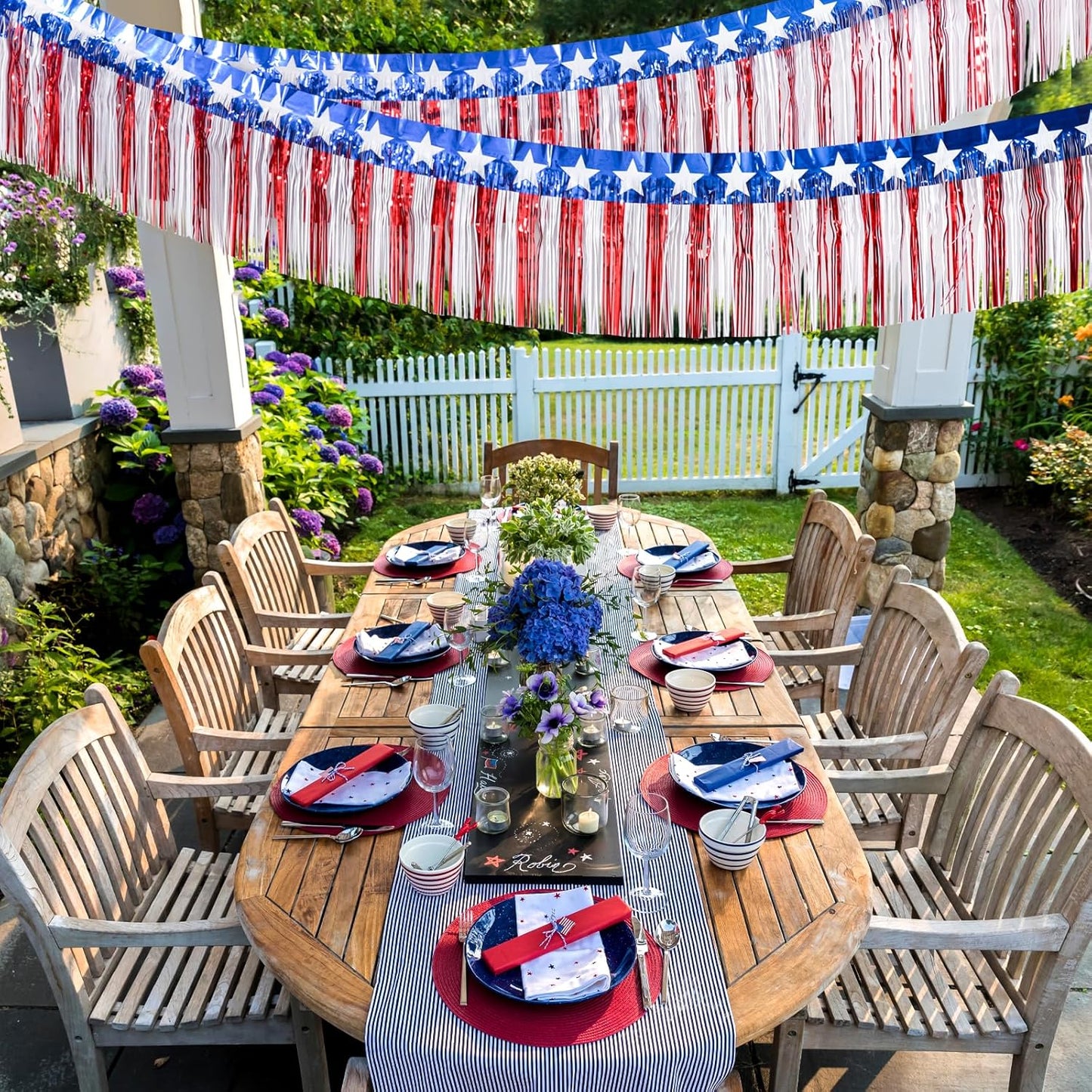 Mega-L 4th of July Decorations 2Packs 39 Feet Foil Fringe Garland Tinsel Streamers, Red White and Blue Star Metallic Hanging Backdrop Banner Table Skirts for Parade Floats Memorial Day Patriotic Party