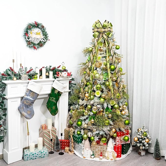 Christmas Tree Topper Bow，53 x 13 Inches Velvet Large Christmas Bow Decor with Long Glittering Streamer Line，Xmas Decorations for Tree Wreath Door Festival Home(Olive Green & Gold Line)