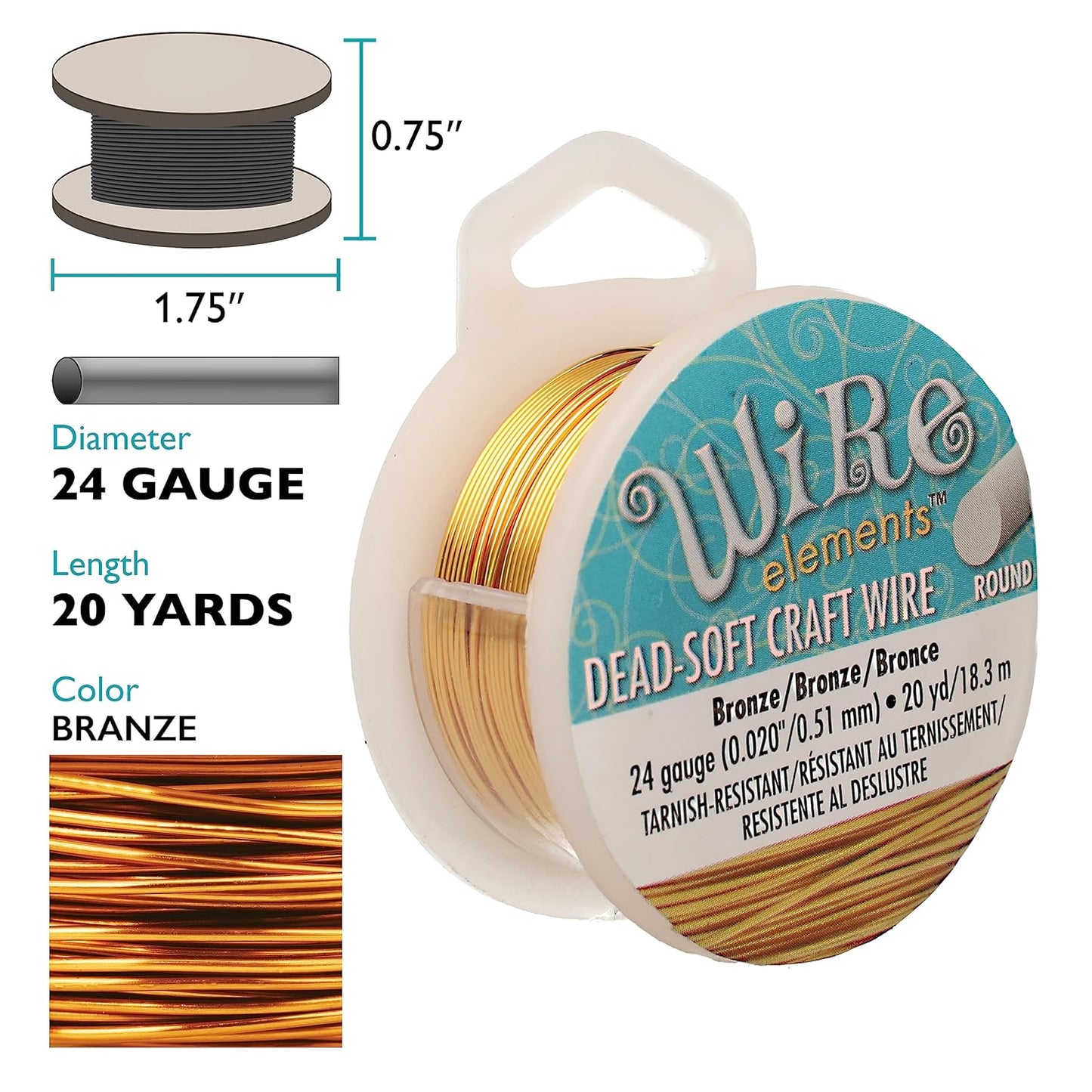 The Beadsmith Wire Elements Craft Wire – Tarnish Resistant, Soft Temper, Round, Bronze Color – 0.51mm, 24 Gauge, 20 Yard Spool – Jewelry Making, Wire Wrapping, Floral, & Other DIY Crafts