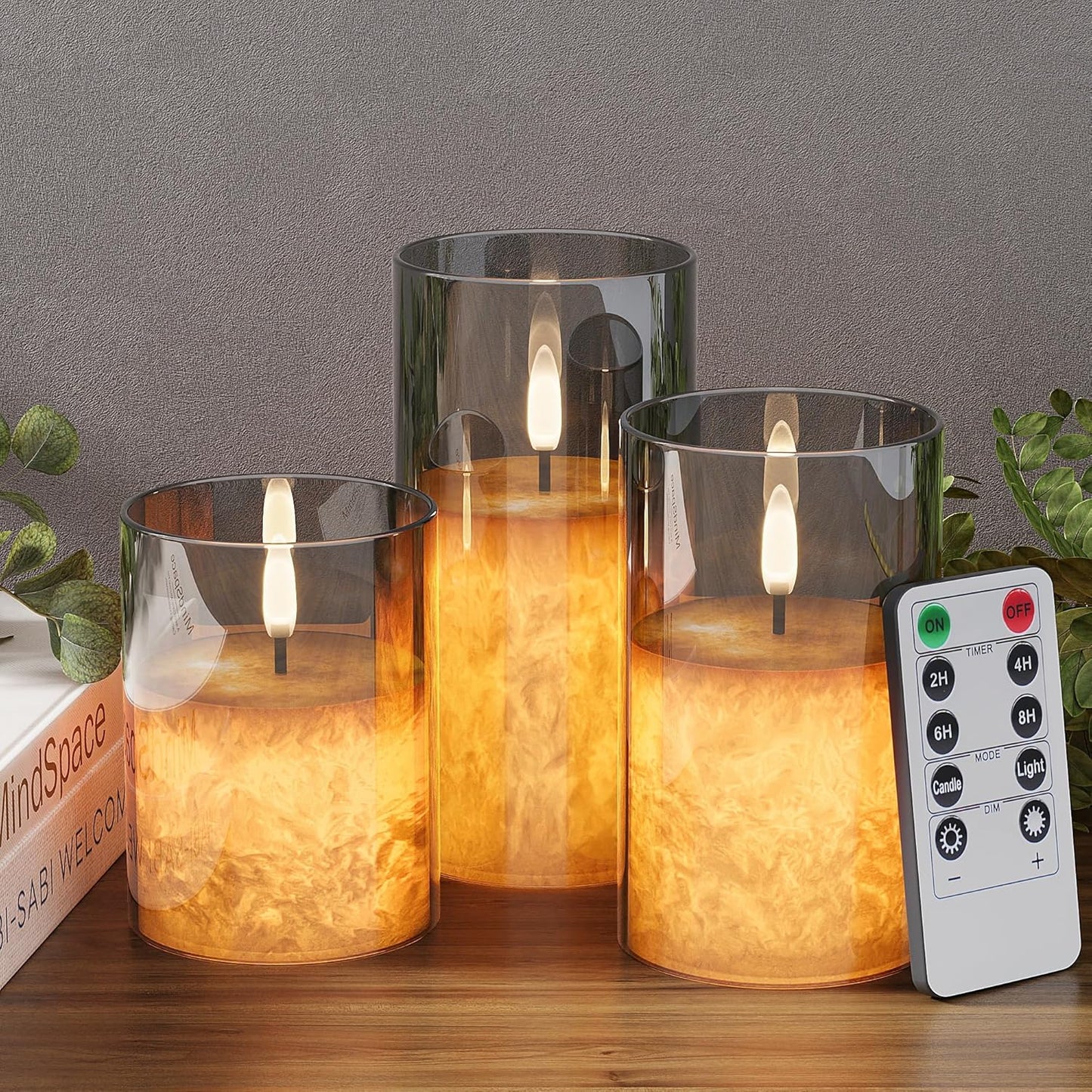 Ice Crystal Real Wax Glass Flameless Candles with Remote & Timer, Battery Operated Candles with Warm Flickering Flame, Realistic LED Candle for Wedding Home Decor [D3×H4/5"/6"] Grey, 3Pack