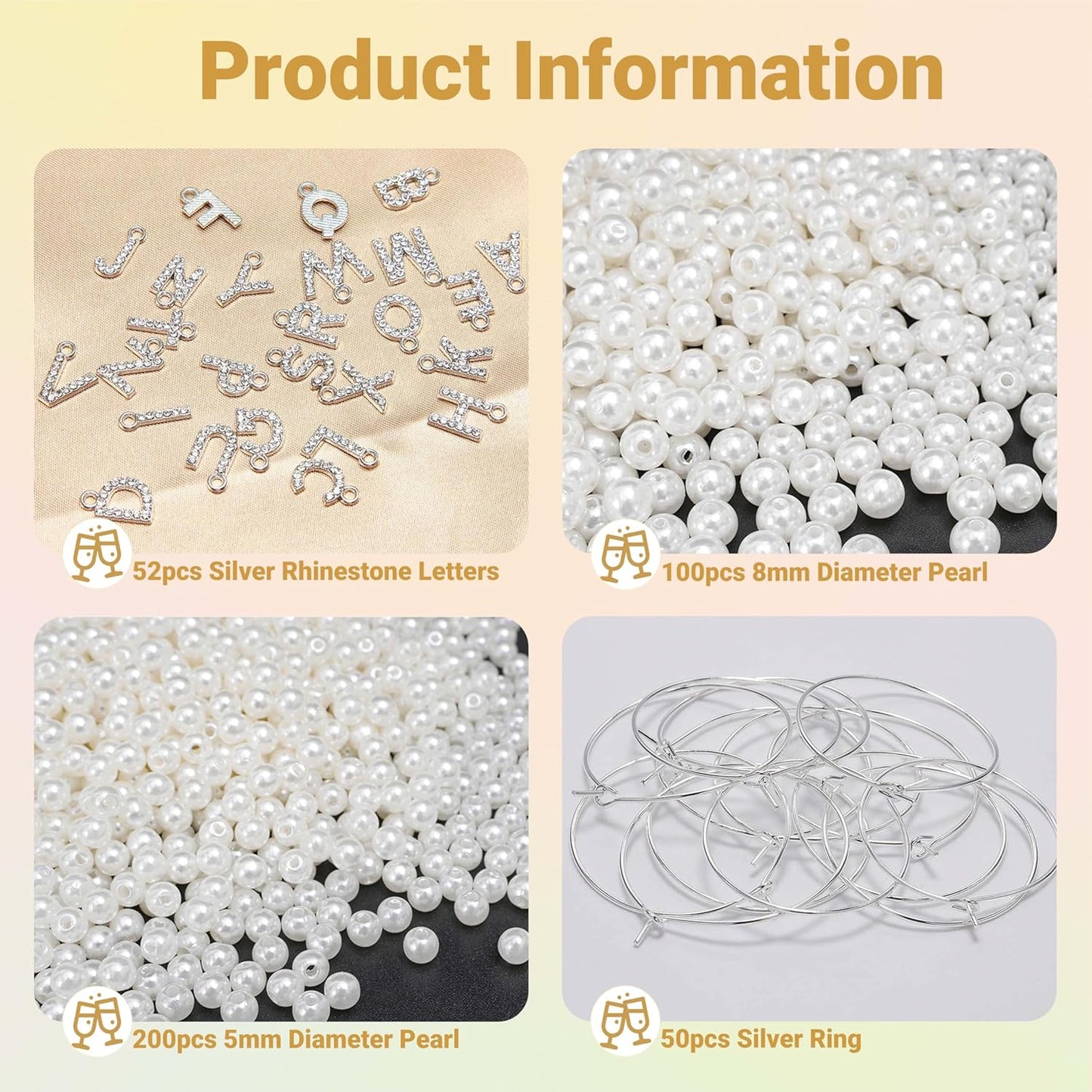 50 Sets Wine Glass Charms, Wine Charms for Stem Glasses, DIY Reusable Drink Markers for Weddings & Bachelorette with Alphabet Beads