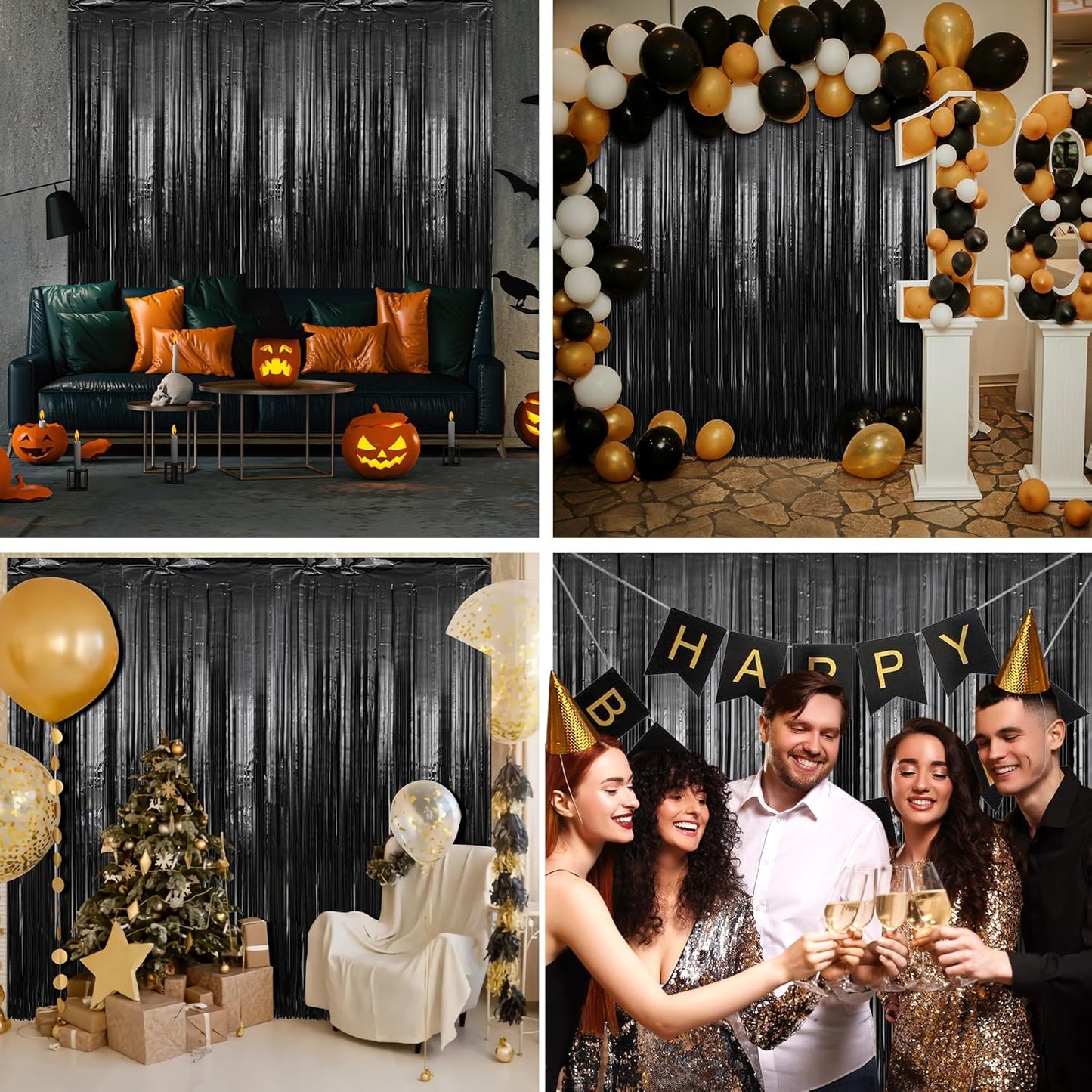 Crosize 3 Pack 3.3 x 9.9 ft Black Foil Fringe Backdrop Streamer Curtains, Birthday Party Decorations, Tinsel Curtain for Parties, Photo Booth Backdrops, Party Decor