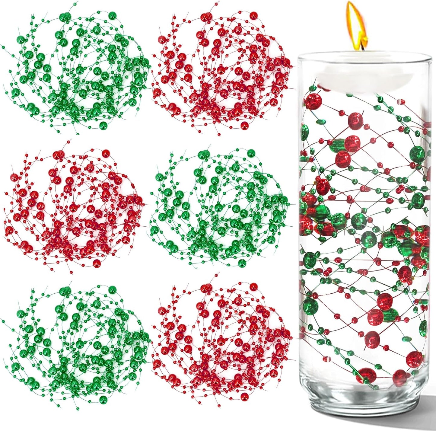 50 PCS Artificial Floating Beads for Centerpieces Vases, 8+3mm String Beads for Christmas Party Pearl String for Decoration, Red & Green String Pearls for Crafts Vase Fillers