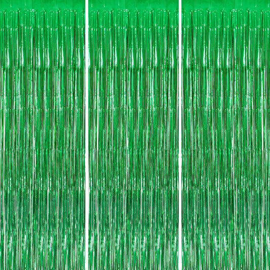 3 Pack Foil Fringe Backdrop - Green Shiny Tinsel Curtains for Party Decoration/Photo Booth Props - 3.3x8.2 FT Metallic Foil Backdrop for Birthday, Wedding, Graduation, Christmas.