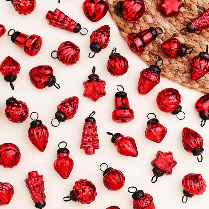 75 Pieces Glass Red Christmas Ornaments Decorative Mercury Mini Vintage Bulk Hanging Ornaments for Halloween, Christmas Tree, New Year, Valentine Day, Holidays, Event and Wedding Party Decor