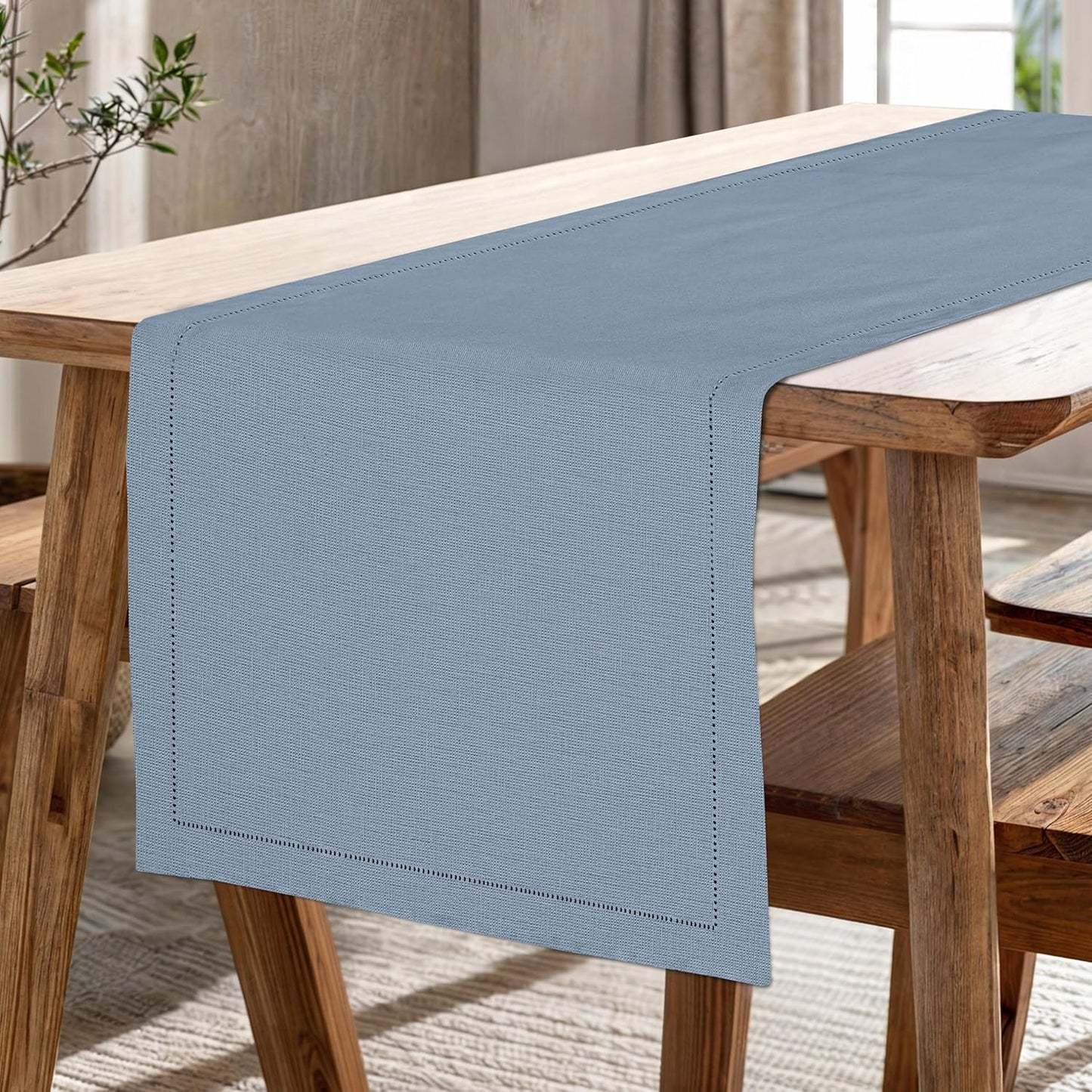 Ruvanti Linen Table Runner 48 Inches, Classic Hemstitch, Washable, Reusable, Non-Slipping, Stain Resistant- Perfect for Parties, Weddings, Dinners, Thanksgiving, Christmas, Indoor use – Grey