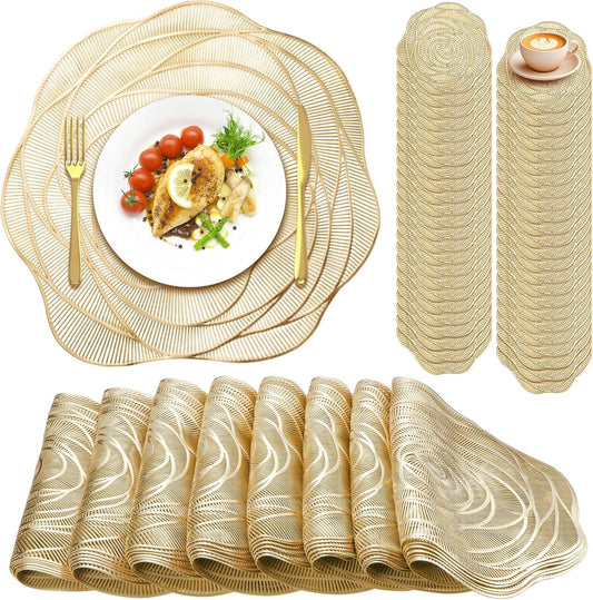 Sieral 48 Set 15 Inch Round Pressed Vinyl Placemats Hollow Out Rose Placemat Set Metallic Slip Resistant Place Mat Coaster Including Place Mats and Coasters for Wedding Dining Kitchen (Gold)