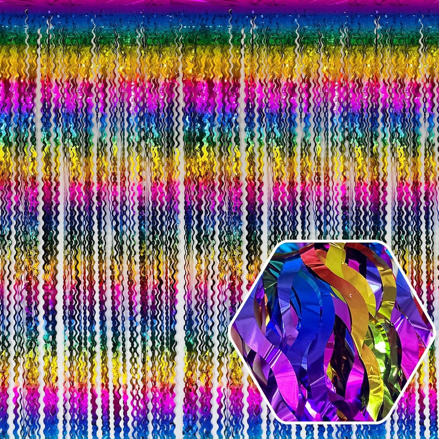 4 Pack Rainbow Wave Foil Fringe Curtain Backdrop, 3.28Ft x 8.2Ft Metallic Tinsel Foil Fringe Streamer Curtains for Photo Booth, Mother's Day, Easter, Birthday, Wedding Party Decoration