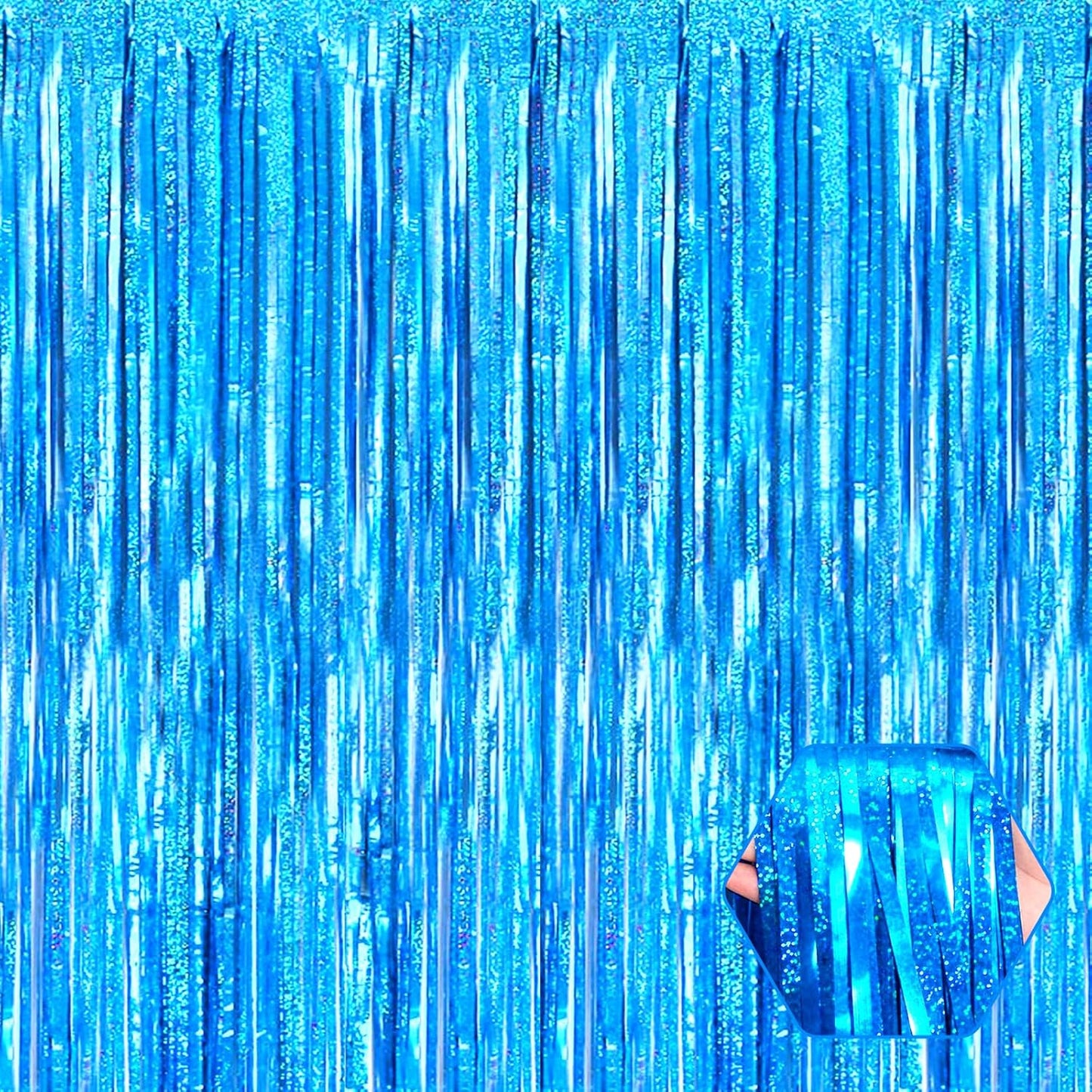 3 Pack Lake Blue Foil Fringe Curtain Backdrop, 3.28Ft x 8.2Ft Metallic Tinsel Foil Fringe Streamer Curtains for Photo Booth, Mother's Day, Easter, Birthday, Wedding Party Decorations