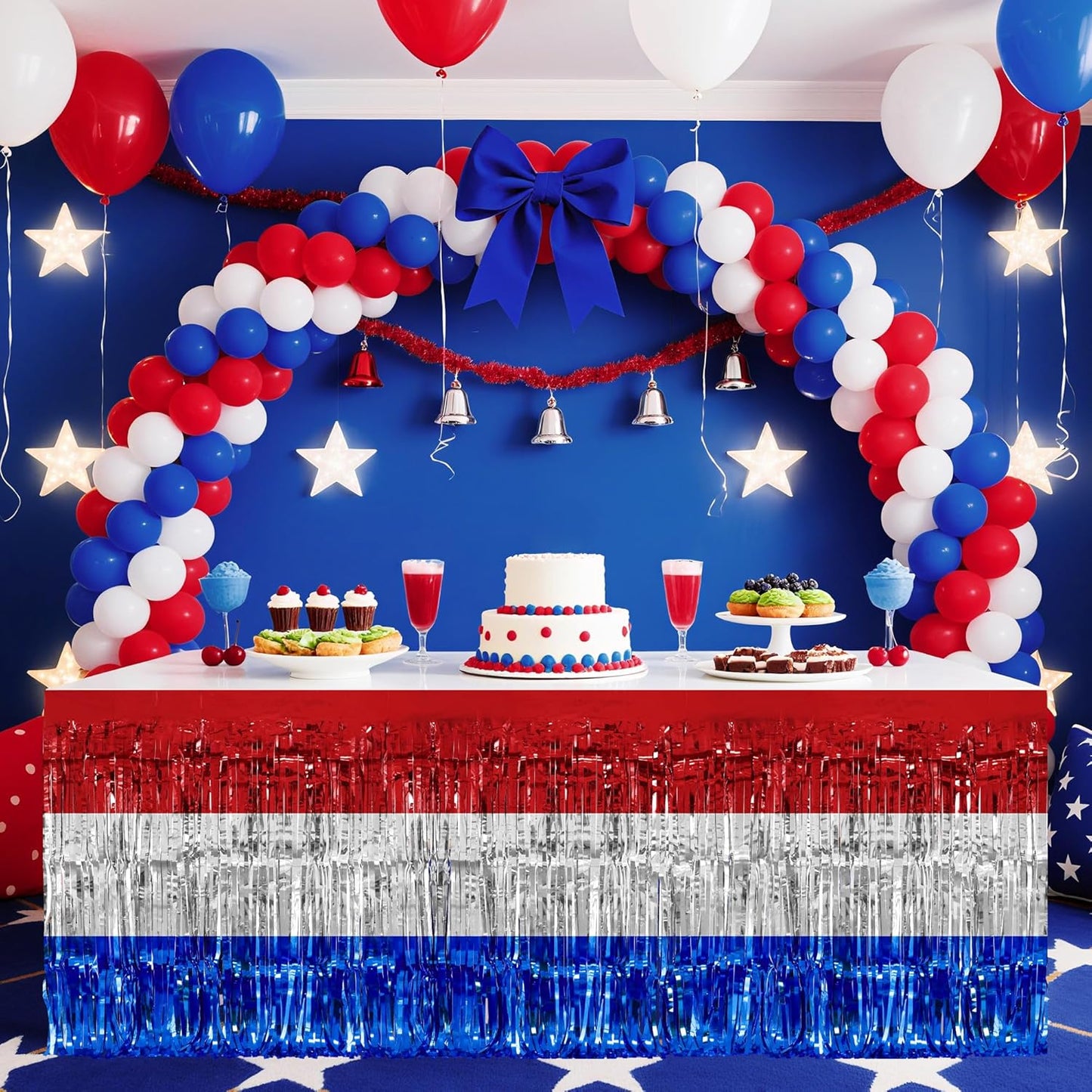 2 Pack Red&White&Blue Table Skirts, 29x108" Metallic Foil Tinsel Fringe Table Skirt for Rectangle Tables Streamer Curtains Backdrop, Party Decorations for Birthdays, Weddings, Holidays