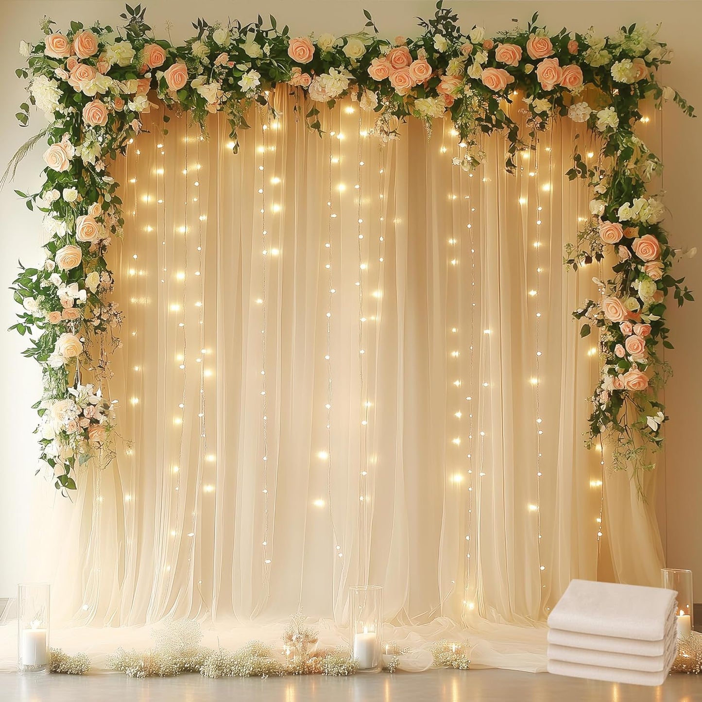 Fomcet Tulle Backdrop Curtains Champagne 20FT X 10FT Tulle Curtains with Lights String Sheer Backdrop Curtain for Parties Wedding Baby Shower Photo Shoot Decorations (4 Panels 5 x 10FT)