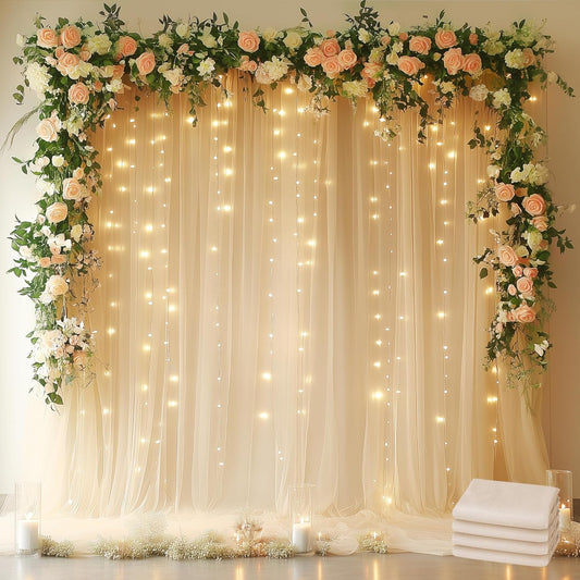 Fomcet Tulle Backdrop Curtains Champagne 20FT X 10FT Tulle Curtains with Lights String Sheer Backdrop Curtain for Parties Wedding Baby Shower Photo Shoot Decorations (4 Panels 5 x 10FT)