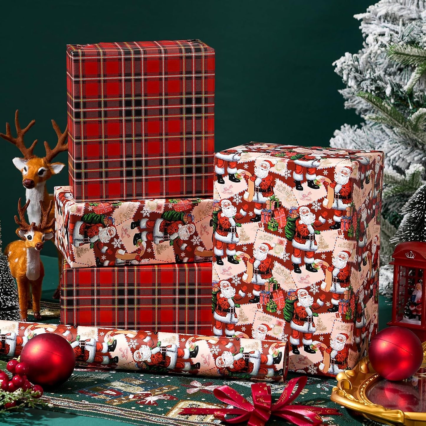 Ulmasinn Reversible Christmas Wrapping Paper Roll - 17" x33ft Double-Sided Designs with Santa and postcard & Plaid for Xmas Gift Wrap for Presents, Table Decor & Crafting