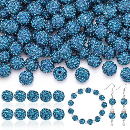 160pcs 10mm Rhinestone Beads for Jewelry Making, Blue Zircon Shiny Round Disco Ball Beads Bulk, Sparkle Crystal Clay Christmas for Bracelet Baseball Necklace Earring Crafting and DIY