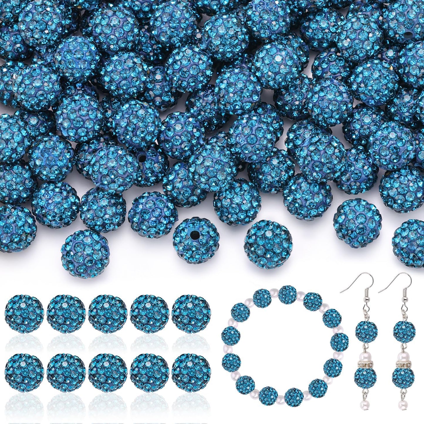 200pcs 10mm Rhinestone Beads for Jewelry Making, Blue Zircon Shiny Round Disco Ball Beads Bulk, Sparkle Crystal Clay Christmas for Bracelet Baseball Necklace Earring Crafting and DIY