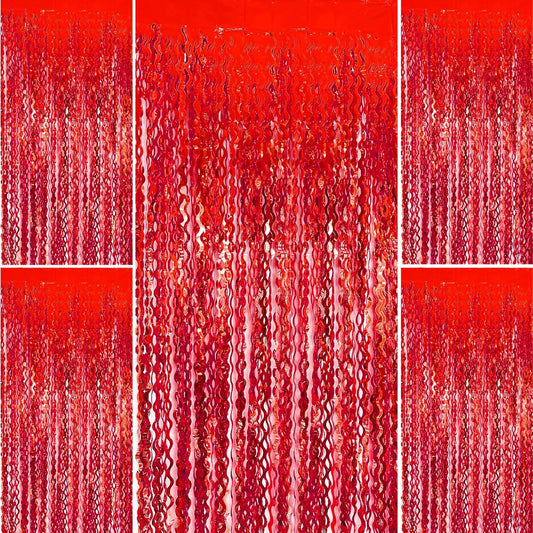 Red Streamers Wave Foil Fringe Backdrop Curtains Red Party Decorations for Graduation 2025, Birthday, Cherry Themed Party, Valentines Day, 4th of July, Anniversary Celebration, Christmas, Wedding