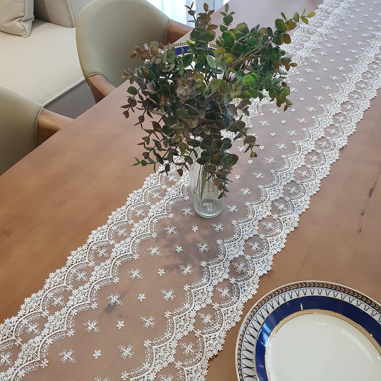 Inicia Table Lace Runner 12×86 inch Embroidered for Holiday Wedding Picnic Daily Dinner Tables White Decor (Polyester, 12"×86" (31cm×220cm))