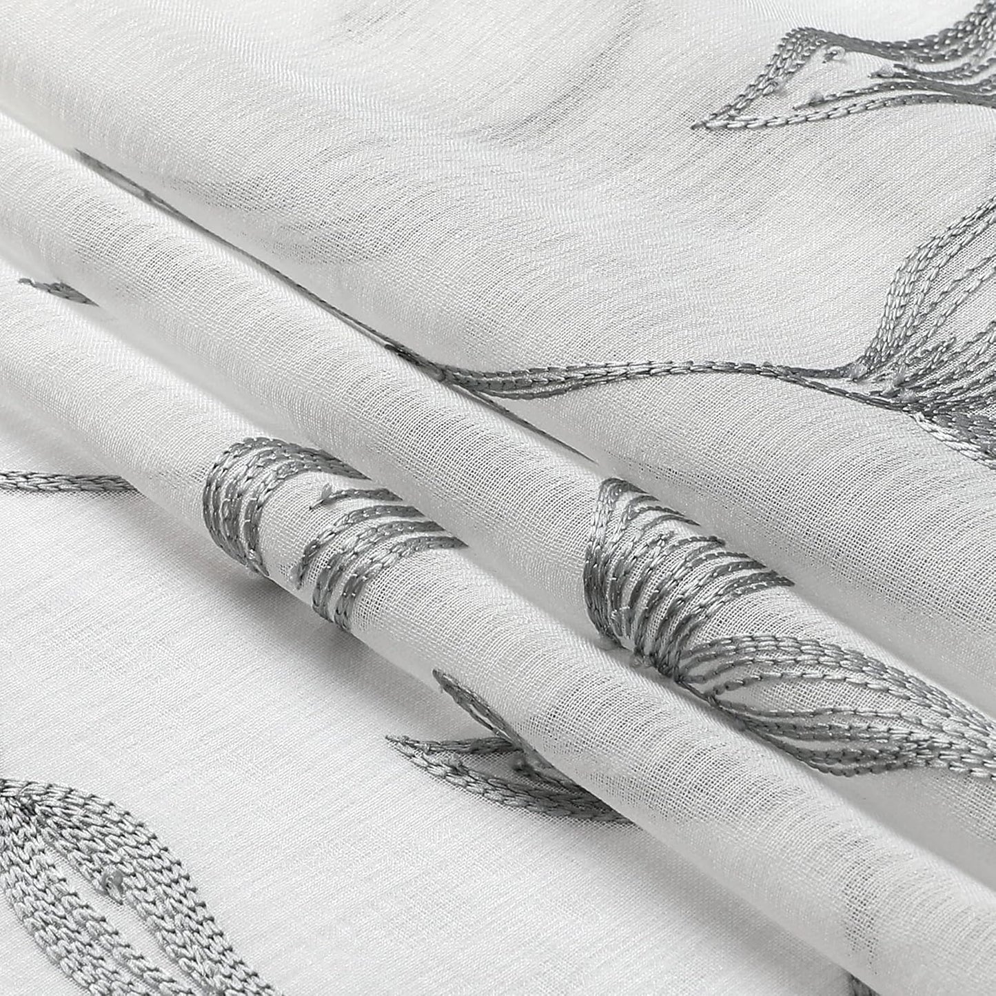VISIONTEX Sheer Curtains 108 Inch Length 2 Panels, Decor Iron Grey Vine Leaves Embroidery on White Voile Pair, Accent Semi Window Drapes for Kitchen, Living Room and Bedroom, 54" W x 108" L