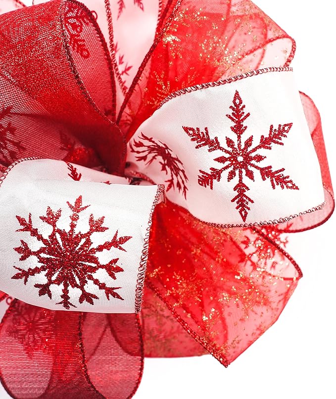 Christmas Tree Topper Bow - Bow: 11" sq. - Tails: 3 Yards Long Each - Red Snowflake