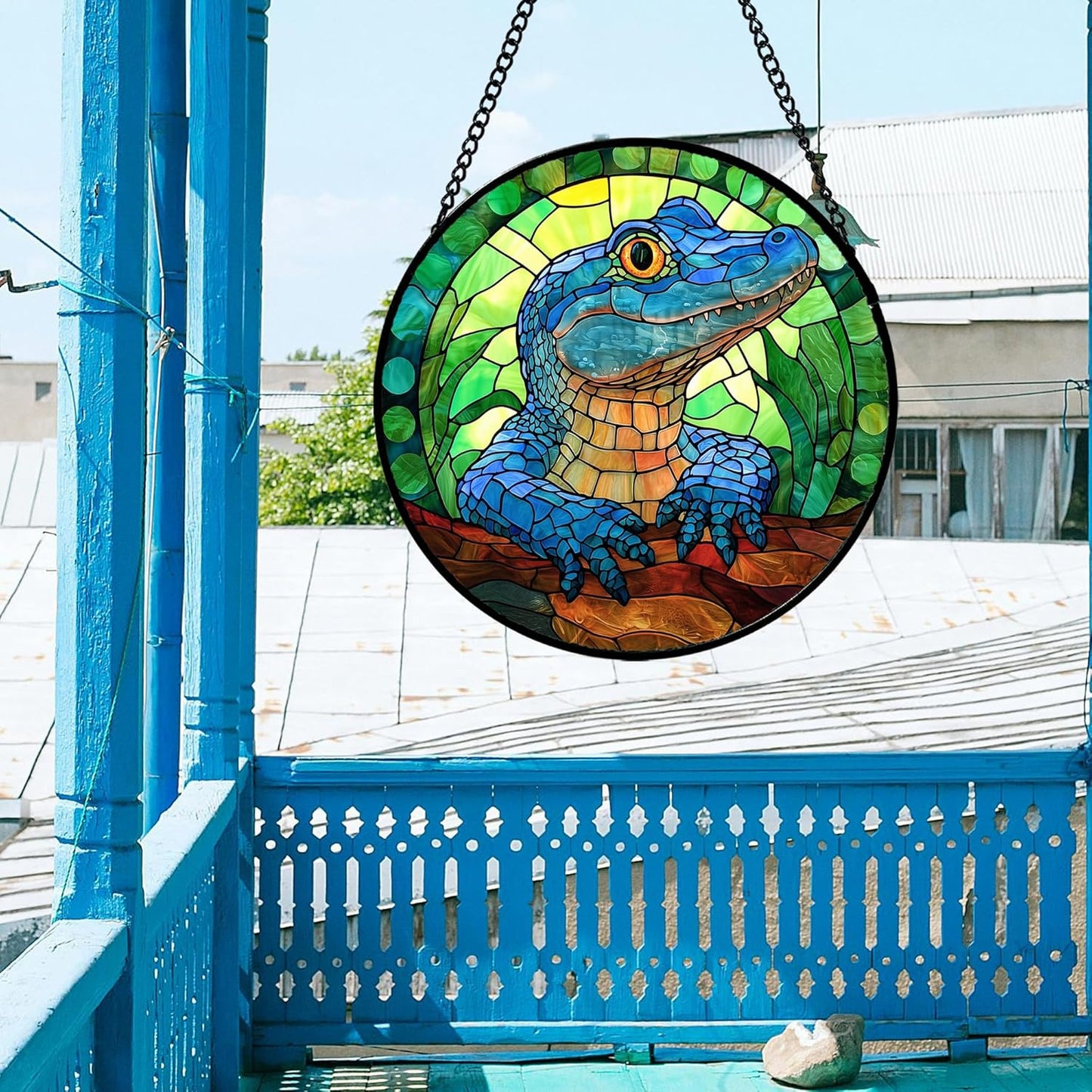 Stained Glass Window Hanging, Blue Alligator Sun Catcher for Window Door Home Decor Green Brown Suncatcher Christmas Mother's Day Birthday Gifts for Women Men Mom and Nana 9.8 in