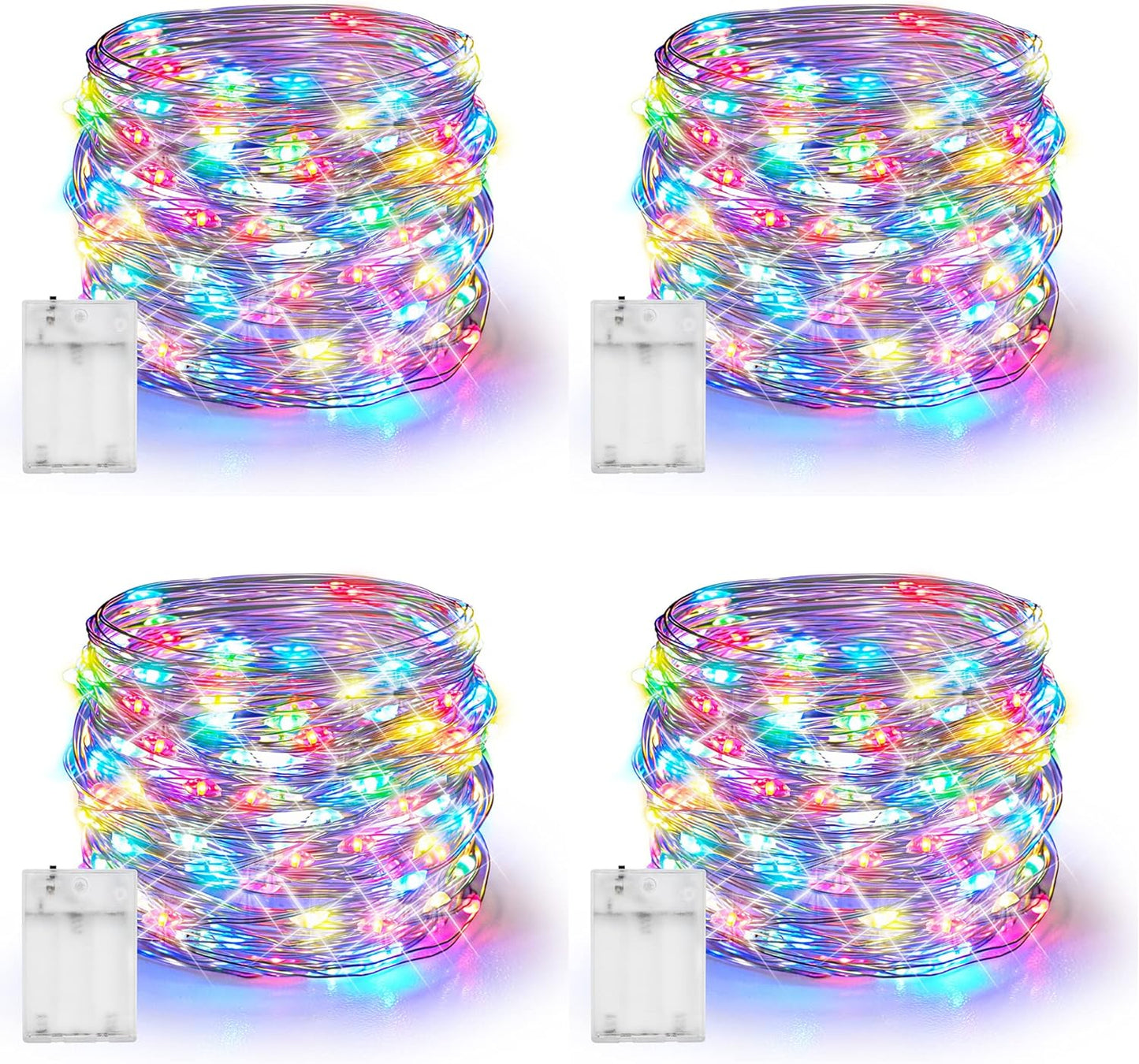 Dazzle Bright Fairy Lights Battery Operated, 4 Pack Total 80FT 240LED Silver Wire Waterproof String Lights, Christmas Decorations for Indoor Outdoor Bedroom Yard Decor, Multi-Colored