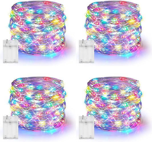Dazzle Bright Fairy Lights Battery Operated, 4 Pack Total 80FT 240LED Silver Wire Waterproof String Lights, Christmas Decorations for Indoor Outdoor Bedroom Yard Decor, Multi-Colored