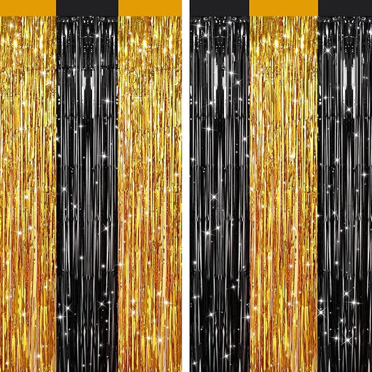 2 Pack Black Gold Metallic Tinsel Foil Fringe Curtains, Door Streamers Photo Booth Backdrop for Birthday Party, Tinsel Curtain Backdrop for Baby Shower Bachelorette Christmas Party Decorations