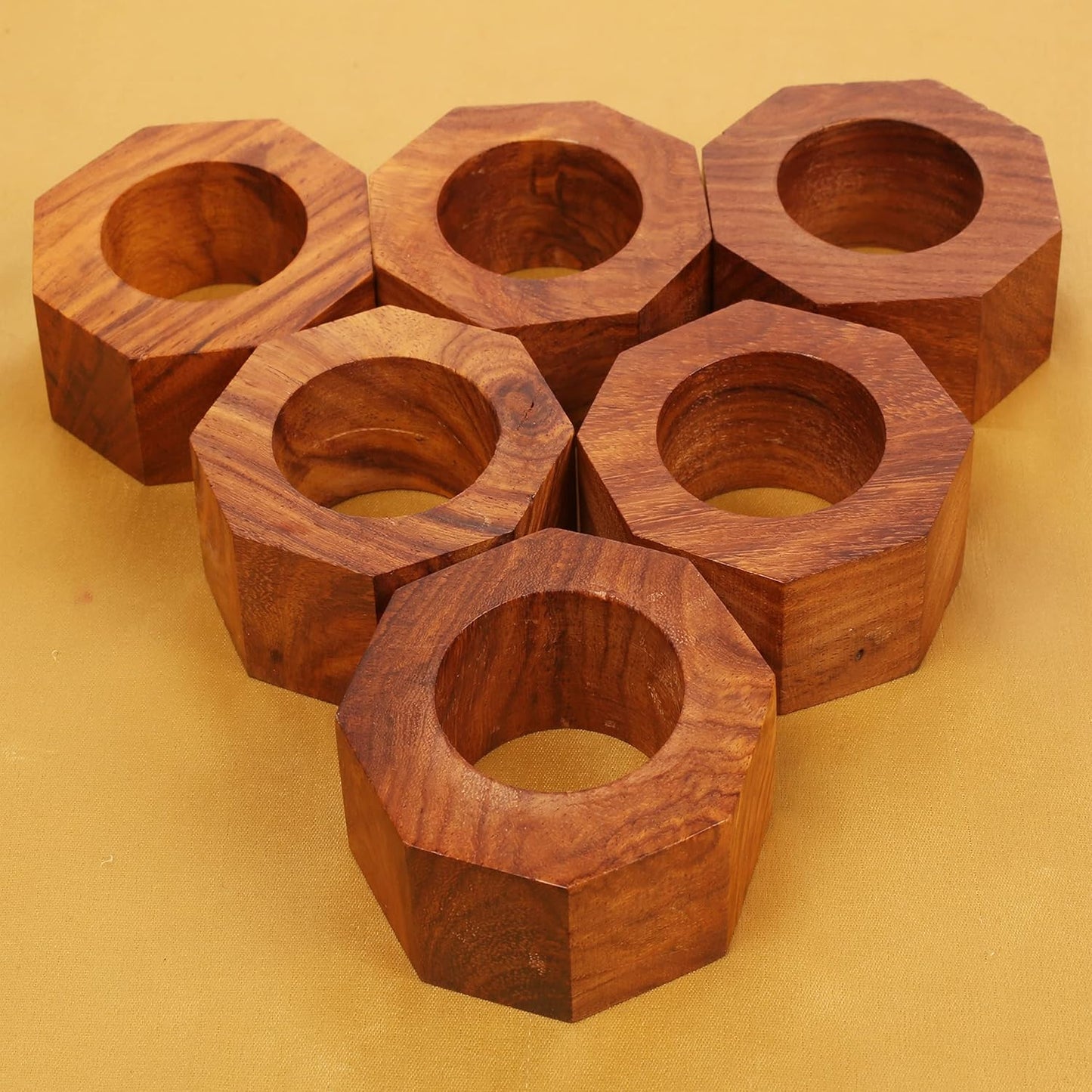 Finely Handcrafted Natural Wood Geometric Pentagon Shape Large Size Party Dining Table Napkin Holders in Natural Tone. (Set of 6).