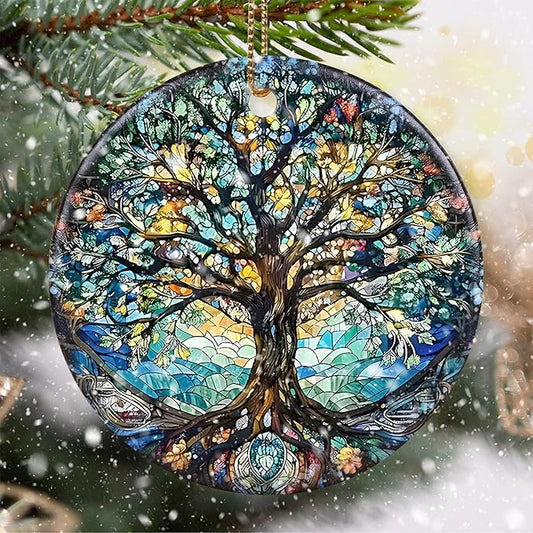 Stained Ceramic Tree of Life Ornament - Christmas Decorations and Holiday Present Ideas - Tree of Life Decor for Office, Room, Home