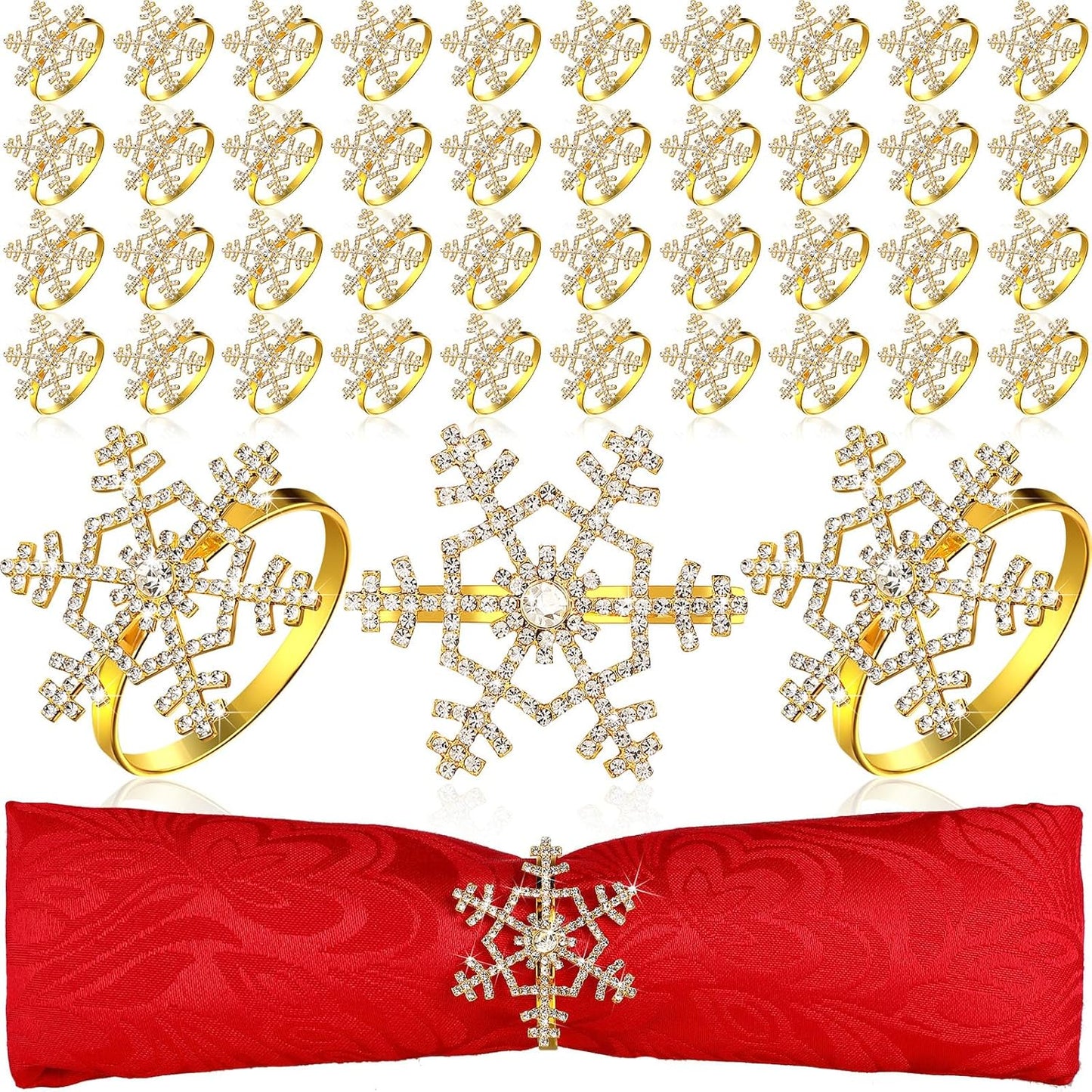 Patelai 100 Pieces Snowflake Napkin Rings Thanksgiving Christmas Napkin Holders Exquisite Household Rhinestone Napkin Rings Set for Christmas Wedding Dinner Party Table Decoration (Gold)