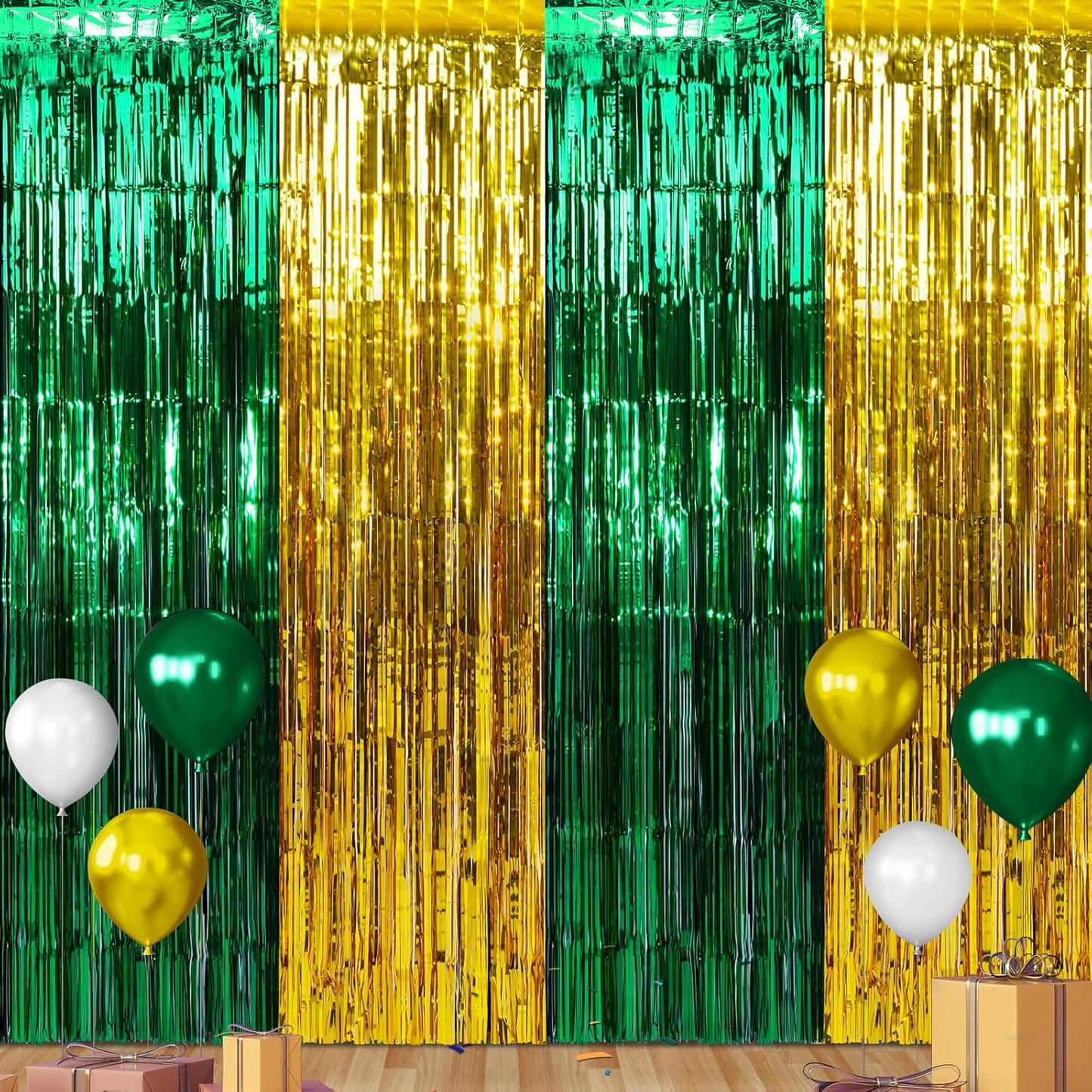 3Pack 3.3Ft x 6.6Ft Graduation Foil Fringe Curtain Backdrop Decorations, Green Gold Metallic Tinsel Foil Streamers Curtain Photo Booth Background for Graduation Prom Wedding Birthday Party Decoration