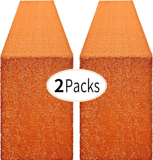 2 Packs 12 x 72 inches Orange Sequin Table Runner, Glitter Runner for Birthday Party Supplies Decorations Wedding Bachelorette Holiday Celebration Bridal Shower Baby Shower