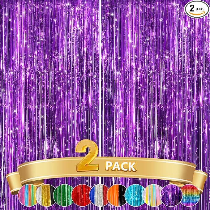 2 Pack Purple Metallic Tinsel Foil Fringe Curtains, Door Streamers Photo Booth Backdrop for Birthday Party, Tinsel Curtain Backdrop for Baby Shower Bachelorette Christmas Party Decorations