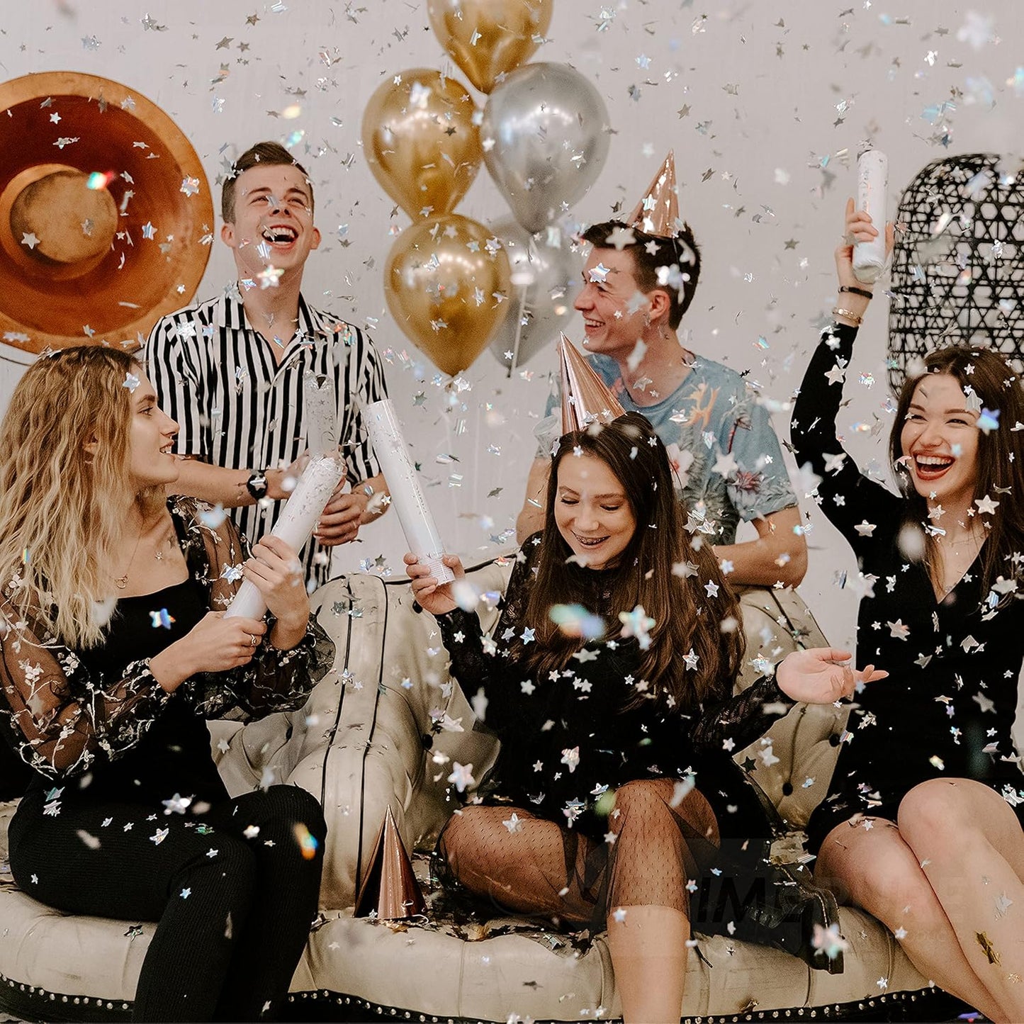 PrimePure Confetti Cannon Party Poppers - Holographic Silver Stars Confetti Popper & Streamer - 6 Pack - Easy-to-Use Party Cannon - Silver Glitter Star Pop Gun for Graduation, Wedding, Birthday, Prank