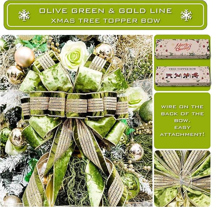 Christmas Tree Topper Bow，53 x 13 Inches Velvet Large Christmas Bow Decor with Long Glittering Streamer Line，Xmas Decorations for Tree Wreath Door Festival Home(Olive Green & Gold Line)