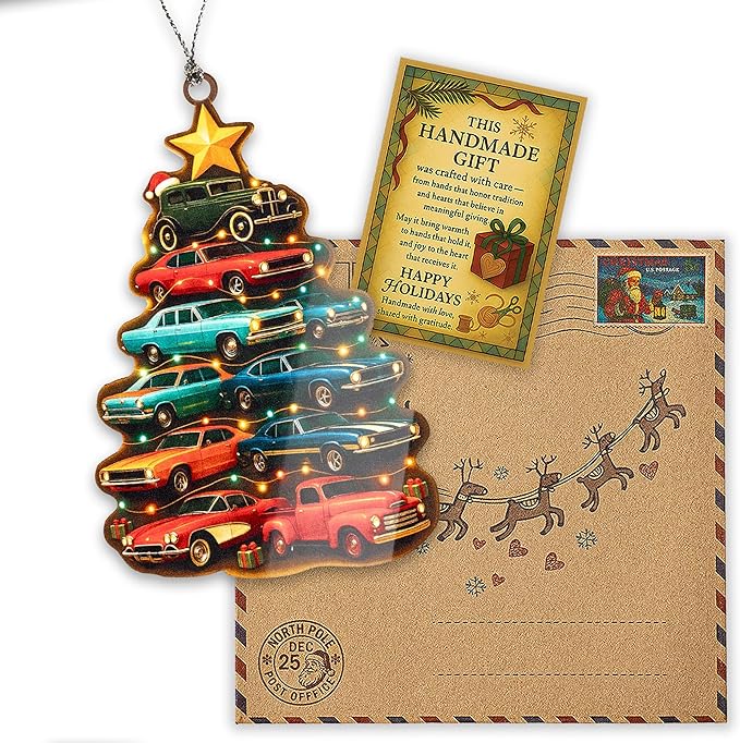 Car Ornament – Classic Cars Christmas Decor – Vintage Auto Gift – Retro Muscle Cars Ornament – Holiday Card – Christmas Tree Decoration – Suncatcher Effect Stained Glass Window Hanging – Car Hanging