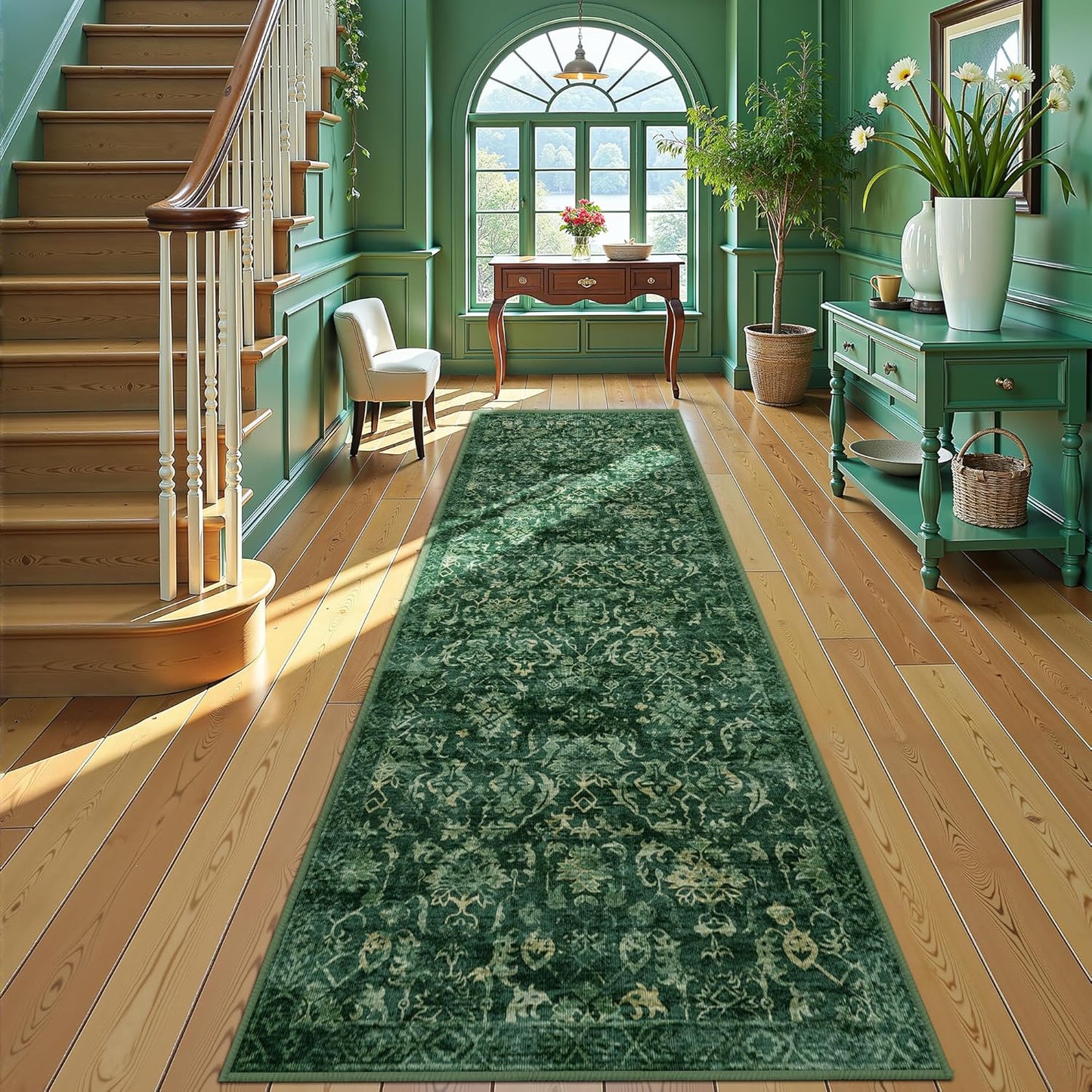 Dark Green 3x10 Runner Rug for Hallways Bed Side Kitchen, Boho Washable Distressed Low-Pile Floor Entryway Long Bathroom Mat, Non-Slip Laundry Room Washstand Front Carpet Green 36x84 Inch