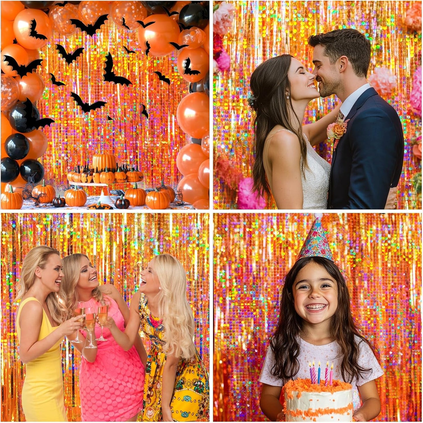 4 Packs Orange Foil Fringe Curtain, Orange Glitter Metallic Tinsel Backdrop for Birthday, Wedding, Baby Shower, Halloween, Thanksgiving, Friendsgiving, Fall Party Decorations Supplies