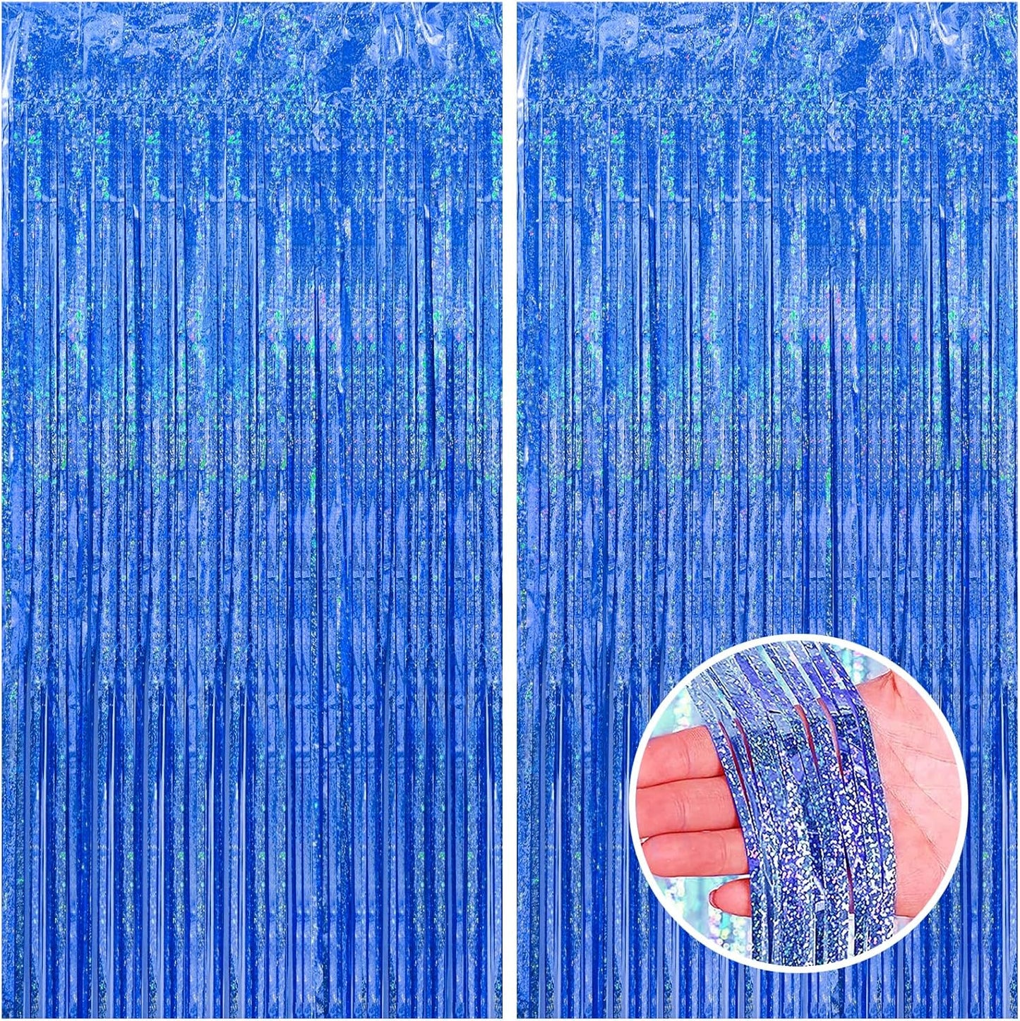 CANREVEL 2 Pack 3.3x8.2 Feet Blue Foil Fringe Backdrop Curtains, Glitter Tinsel Streamers Birthday Party Decorations, Fringe Backdrop for Birthday Baby Shower Mermaid Under The Sea Ocean Frozen Party